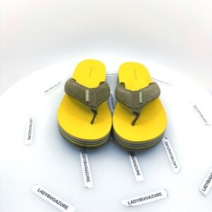 NWOB Tory Burch Platform Flip Flops Bright Yellow w/Olive Green Suede Straps Sz7